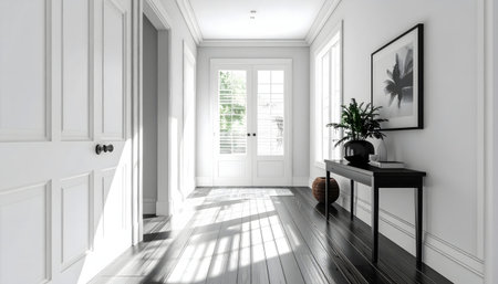 Airy interior corridor showcasing bright light streaming through white plantation shutter doors, casting striking shadow patterns on the dark wood floor.の素材