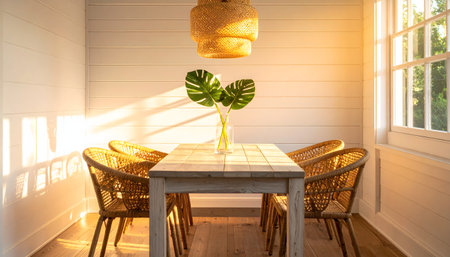 Inviting interior design of a dining area featuring a natural wood table, rattan chairs, and large monstera leaves in a vase under a wicker lamp.の素材