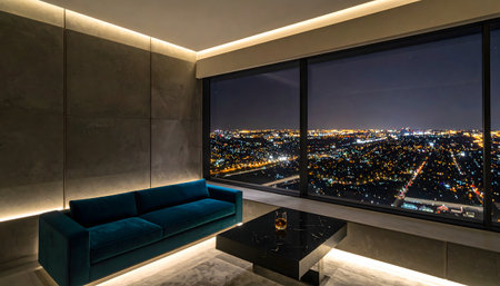 Minimalist high-rise apartment interior overlooking a vibrant, blurred city skyline, focusing on a dark glass of amber liquid on a sleek coffee table.の素材