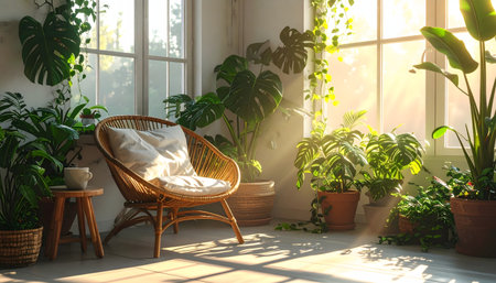 Beautifully lit indoor garden or sunroom with sunlight streaming through a window, casting shadows and illuminating the diverse, potted foliage and seating.の素材