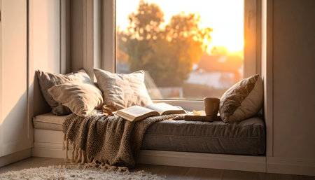 Inviting home reading nook featuring a deep window bench with an open book, a mug, and soft cushions, set against an autumn-hued outdoor view.の素材