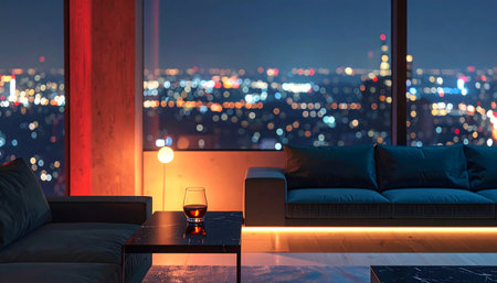 Luxurious, modern living room at night with a panoramic city view, featuring a dark sofa, a marble table, and a glass of whiskey.の素材