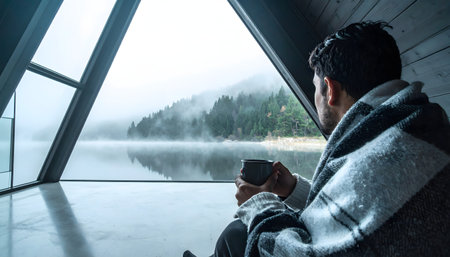 Cozy interior shot of a person drinking coffee while sitting next to a huge window, enjoying the serene, cold view of a foggy forest lakeの素材
