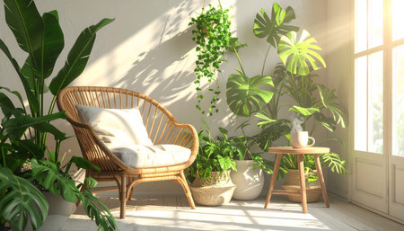 Serene sunroom corner bathed in bright natural light, featuring a comfortable rattan chair surrounded by various large, lush tropical houseplants.の素材