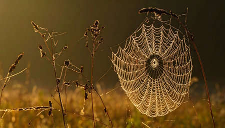 Intricate circular spiderweb covered in dew drops, illuminated by the warm, golden backlighting of a misty sunrise or sunset in a meadowの素材