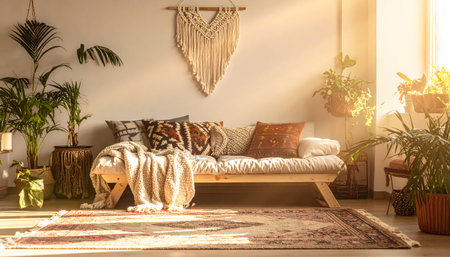 Cozy living room corner bathed in sunlight, featuring a low wooden sofa, layered cushions, potted plants, and a macrame wall hanging.の素材