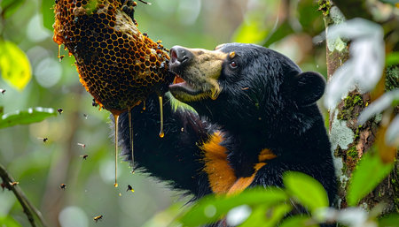 Wildlife photography capturing a sun bear's close-up as it feeds on a beehive, with honey streaming and bees swarming around the nestの素材