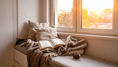 Cozy built-in window seat with plush pillows and a warm blanket, ideal for reading, bathed in the golden light of a beautiful sunset.の素材