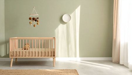 Minimalist and peaceful gender-neutral nursery corner with a light wooden crib, a stuffed bear, and a simple mobile against a soft sage green wall.の素材