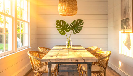 Bright dining nook with a rustic wooden table and woven wicker chairs, bathed in warm golden hour sunlight through large windows.の素材