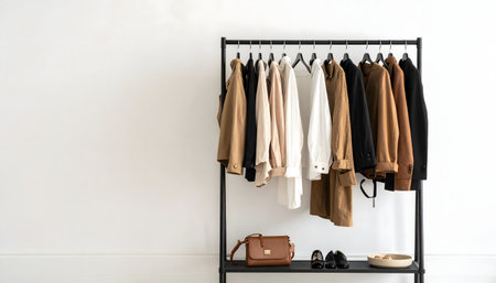 Minimalist open-concept wardrobe with neutral, earthy-toned clothes on a freestanding industrial rack, featuring a leather bag and hat on the shelf.の素材