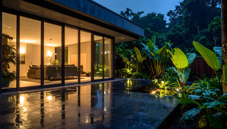 Modern luxury home with a wall of glass doors opening to a wet patio, surrounded by brightly lit tropical plants and a dark jungle background at night.の素材