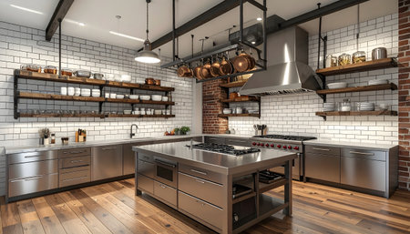 High-end, sleek, and functional kitchen with stainless steel appliances, open wood shelves, white tiled walls, and warm atmosphereの素材