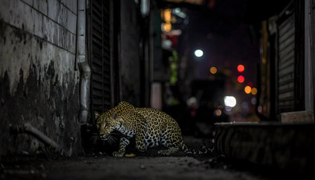 Close-up of a leopard in the shadow of a city alley, low camera angle, sleek fur, intense gaze, bright background lights.の素材