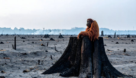 Wide shot of an orangutan on a burnt stump, symbolizing the impact of palm oil production and habitat loss, bleak atmosphereの素材