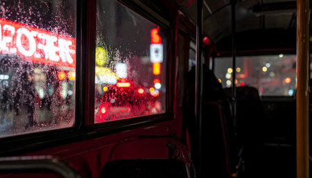 Atmospheric, moody shot from inside a bus at night, capturing the vibrant bokeh of red and yellow urban lights on a wet, rainy window pane.の素材