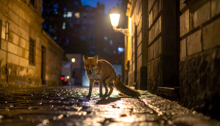 Close-up on a wild red fox in a quiet alleyway, rain-slicked ground, moody atmosphere, rich orange and black tones.の素材