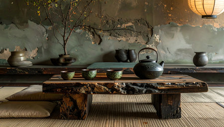 Traditional tea ritual setting on a rough-hewn wooden slab, three green cups, black teapot, subdued lighting, ancient pottery.の素材