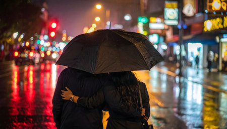 Atmospheric street photography of two figures sharing an umbrella in the rain, with the wet pavement reflecting the warm, colorful glow of city life.の素材