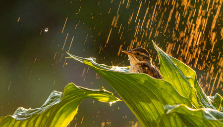 Close-up of a tiny bird seeking refuge under a giant hosta leaf during a sun-shower, vibrant yellow-green tones, dropletの素材