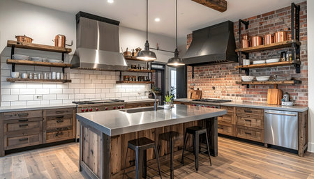 Detailed view of a luxury commercial kitchen with dual ranges, industrial extractor hood, metal finishes, and warm lightingの素材