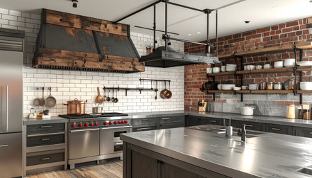 Interior design shot of a modern industrial kitchen with exposed brick, wooden floors, metallic cabinets, and overhead pot rackの素材