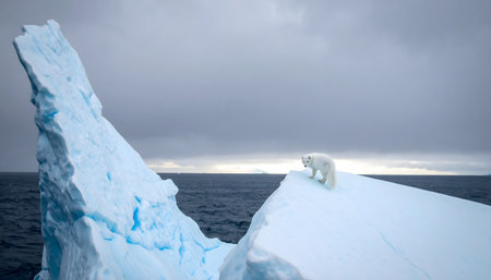 Poignant wildlife scene of an arctic fox looking out over the dark ocean from a sheer, isolated glacier under a dramatic, cloudy sky.の素材