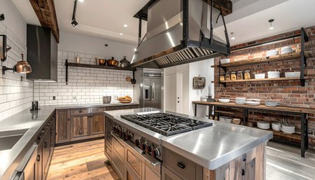 Professional-grade chef's kitchen, massive stainless-steel island, refined industrial aesthetic, subway tile, open shelving, copper potsの素材