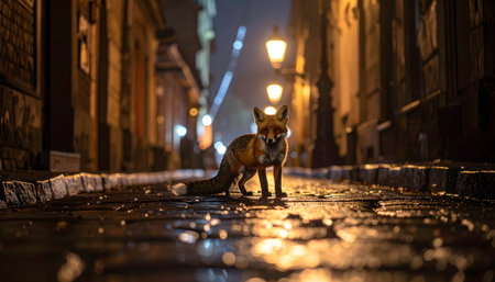 Cinematic view of a beautiful fox standing on a wet city street at dusk, strong backlighting from glowing vintage lamps.の素材