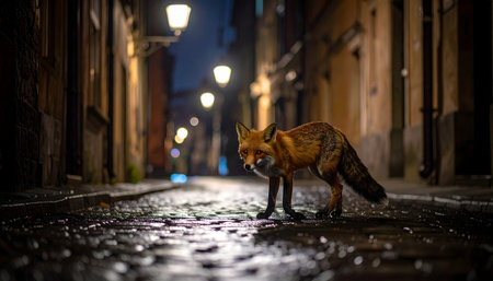 Urban wildlife shot of a fox in a dark alleyway, wet cobblestones reflecting the light, shallow depth of field, nocturnal scene.の素材