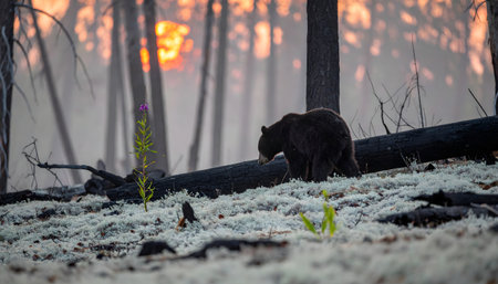 Black bear cautiously navigating a burnt forest, with a single green sprout in the foreground, symbol of resilience and renewalの素材