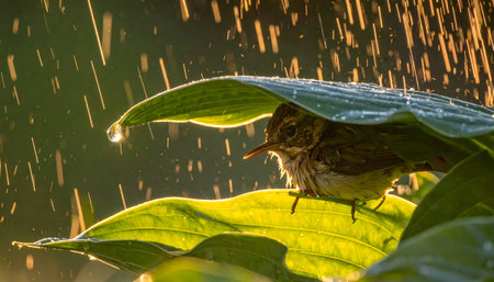 Adorable wet bird taking cover beneath a large green leaf, dramatic golden hour light, glistening raindrops, peaceful nature sceneの素材