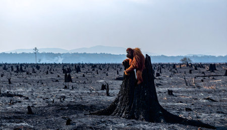 Mature orangutan sitting sadly on a charred tree trunk in a landscape of severe deforestation and forest destruction, smoky horizonの素材