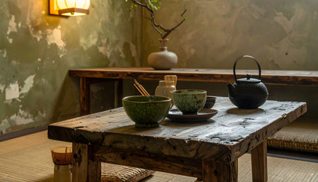 Interior shot of a minimalist Wabi-Sabi space featuring a tea ceremony setup, textured walls, organic branches, and earth tones.の素材