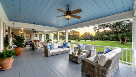 Inviting outdoor living space, large, covered veranda with white railings, view of a lush green lawn at sunset, ceiling fanの素材