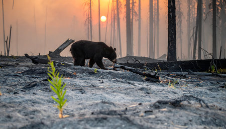 Solitary black bear moving through a forest landscape recently affected by wildfire, walking over ash, dramatic sunset, new growthの素材