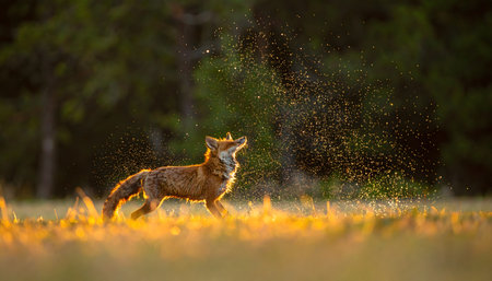 Red fox shaking water from its fur in a sunny clearing at the forest edge, golden hour light, spray of water droplets, action shot.の素材