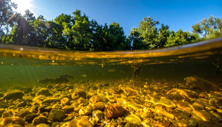 Split-level over-underwater photograph of a shallow, clear stream, sunburst through trees, submerged bright yellow rocks, small fish swimming.の素材
