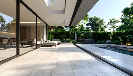 Architectural photo of a contemporary home, blending interior and exterior spaces, minimal frame glass doors, travertine tile floor.の素材