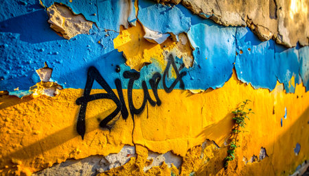 Vibrant outdoor mural detail: a section of blue and yellow graffiti with black outline, highlighting the deterioration of the building.の素材