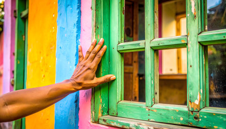 A tight, atmospheric shot of a person's hand touching a weathered, brightly colored wooden window frame on a vividly painted wall.の素材