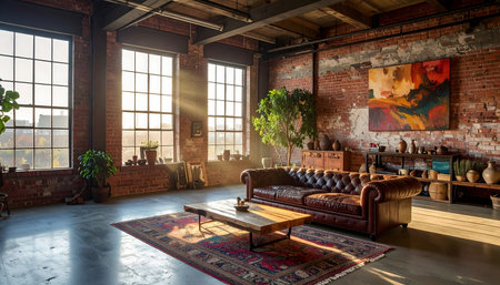 Spacious living room with a vintage leather sofa, wooden coffee table, Persian rug, and industrial chic aestheticの素材
