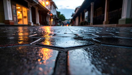 A very low angle shot across a wet, glossy, tiled floor of a historic five-foot way, reflecting a warm, orange light source.の素材