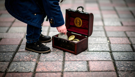 a toddler peers into an open, velvet-lined vintage wooden case, resting on a cobblestone streetの素材