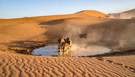 Critically endangered Addax standing by a reflective puddle in the Sahara desert, beautiful telephoto compression of the sceneの素材
