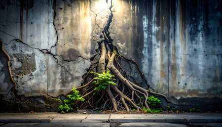 Dynamic detail shot of tree roots growing in a crack, showing the power of nature to reclaim structure, with strong light contrast.の素材