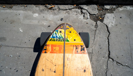 Gritty texture shot of a skateboard's tail on concrete, highlighting wear, wood grain, wheels, and colorful graphics in bright sunlight.の素材