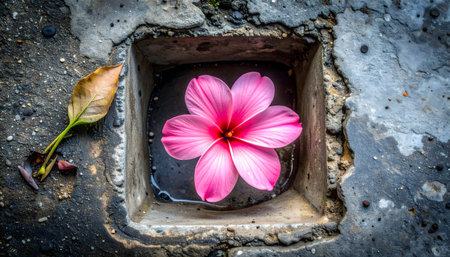 a perfect pink blossom floating in water inside a gritty, cracked concrete hole, with a leaf beside it.の素材
