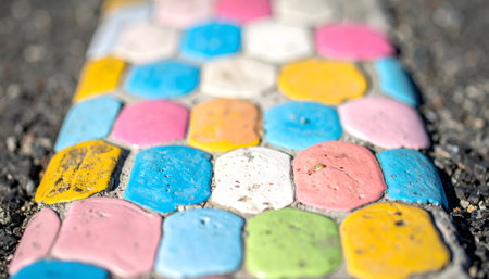 Super close-up, macro shot of a small, colorful patchwork of discarded, painted hexagonal tiles embedded in dark asphalt pavementの素材