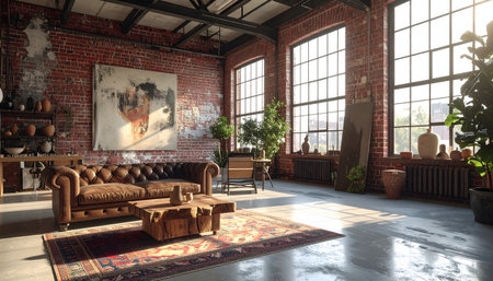 Sun-drenched artist's loft apartment in the late afternoon, golden hour light pouring through large industrial windows onto exposed brick wallsの素材